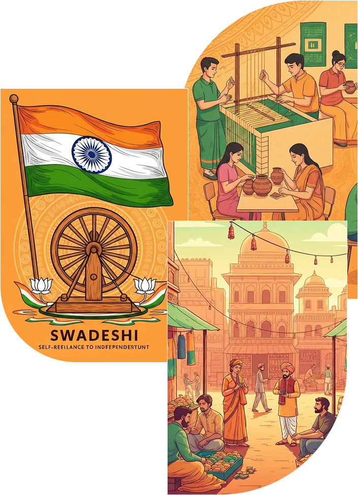 Swadeshi artwork depicting Indian flag, spinning wheel, people and buildings representing self-reliance